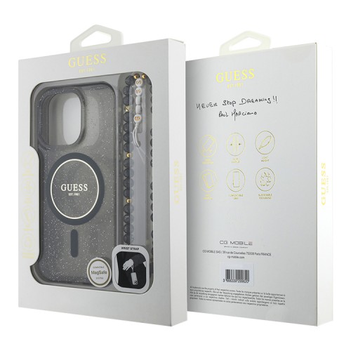 Guess для iPhone 16 Pro Max чехол PC/TPU Glitter (MagSafe) +шнурок из бисера, черный 