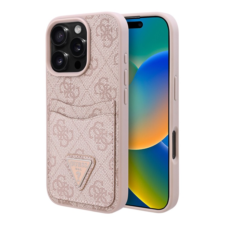 Guess для iPhone 16 Pro чехол PU кожа 4G Double cardslot Triangle metal logo Pink