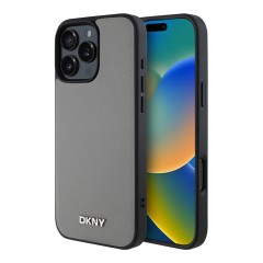DKNY для iPhone 16 Pro Max чехол PU Grained leather Metal logo Hard Grey (MagSafe)