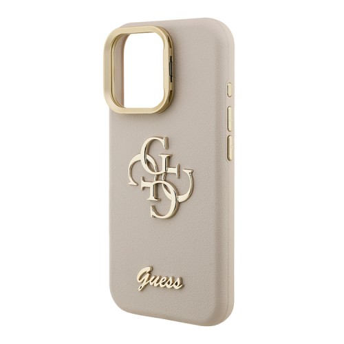Guess для iPhone 16 Pro чехол PU Grained leather 4G Big metal logo and Camera Stand Hard Beige