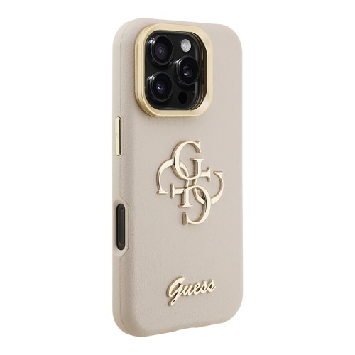 Guess для iPhone 16 Pro чехол PU Grained leather 4G Big metal logo and Camera Stand Hard Beige