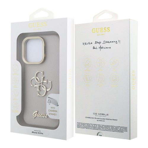 Guess для iPhone 16 Pro чехол PU Grained leather 4G Big metal logo and Camera Stand Hard Beige