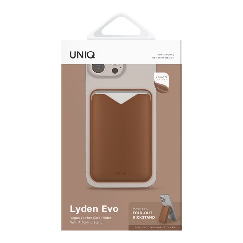 Uniq картхолдер Lyden EVO магнитный кожаный с подставкой для телефона, Caramel