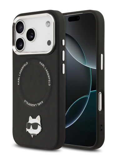 Karl Lagerfeld для iPhone 17 Pro чехол PU NFT Choupette head Metal pin & Camera Hard Black (MagSafe)