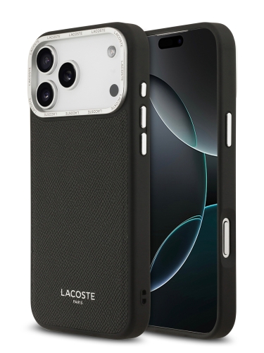 Lacoste для iPhone 17 Pro Max чехол PU Grained Metal Foil logo & Cam Hard Black/Silver (MagSafe)