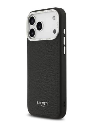 Lacoste для iPhone 17 Pro Max чехол PU Grained Metal Foil logo & Cam Hard Black/Silver (MagSafe)