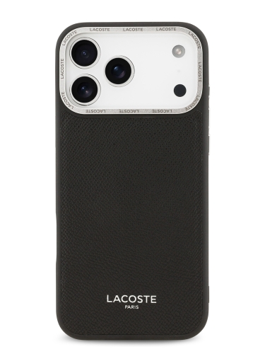 Lacoste для iPhone 17 Pro Max чехол PU Grained Metal Foil logo & Cam Hard Black/Silver (MagSafe)