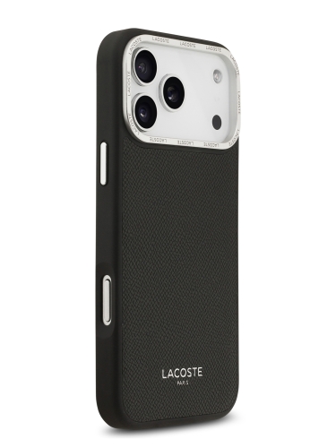 Lacoste для iPhone 17 Pro Max чехол PU Grained Metal Foil logo & Cam Hard Black/Silver (MagSafe)