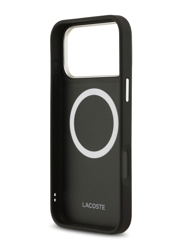 Lacoste для iPhone 17 Pro Max чехол PU Grained Metal Foil logo & Cam Hard Black/Silver (MagSafe)