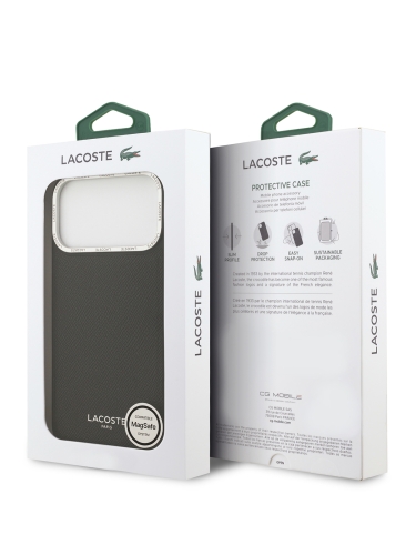 Lacoste для iPhone 17 Pro Max чехол PU Grained Metal Foil logo & Cam Hard Black/Silver (MagSafe)