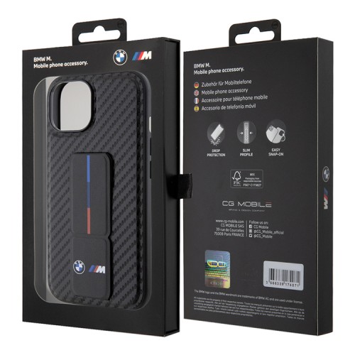 BMW для iPhone 15 чехол GripStand M-Collection PU Carbon eff Tricolor Hard Black