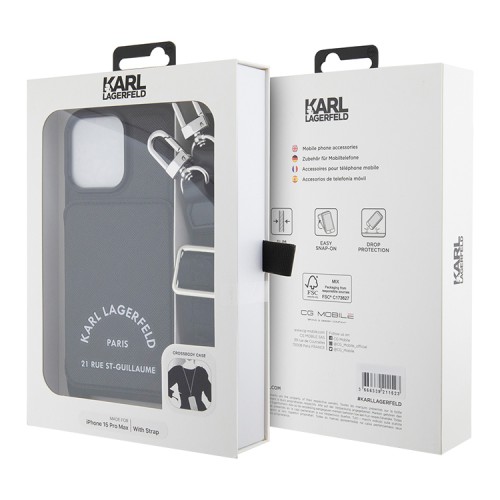 Karl Lagerfeld для iPhone 15 Pro Max чехол Crossbody cardslot PU Saffiano RSG Hard Black