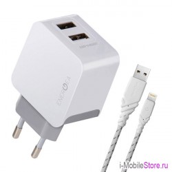 Сетевая зарядка EnergEA Ampcharge, 2 USB + кабель Lightning MFI, белая (3.4 A)