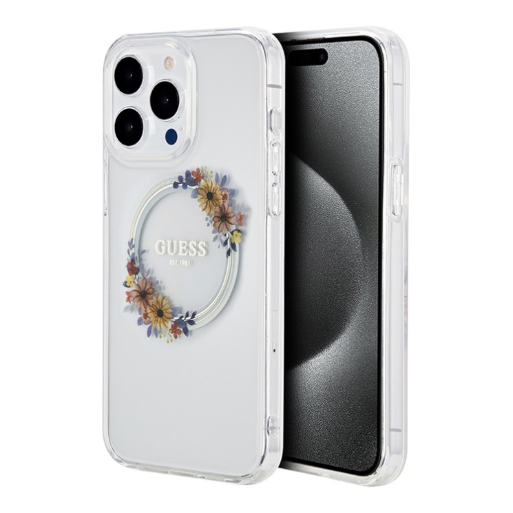 Guess для iPhone 15 Pro Max чехол PC/TPU Flowers Wreath Transparent (MagSafe)