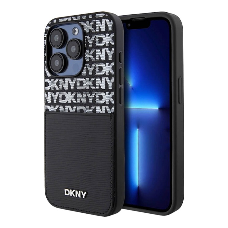 DKNY для iPhone 15 Pro Max чехол PU Repeat texture with Cardslot Metal logo Hard Black