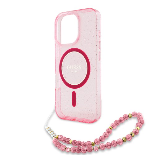 Guess для iPhone 16 Pro Max чехол PC/TPU Glitter (MagSafe) +шнурок из бисера, розовый