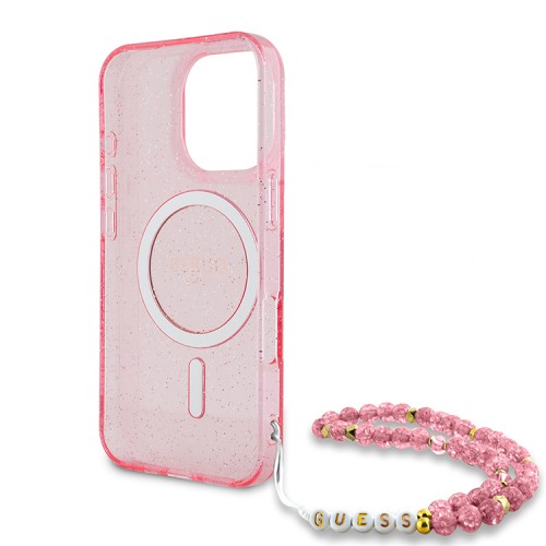Guess для iPhone 16 Pro Max чехол PC/TPU Glitter (MagSafe) +шнурок из бисера, розовый