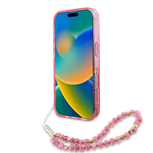 Guess для iPhone 16 Pro Max чехол PC/TPU Glitter (MagSafe) +шнурок из бисера, розовый