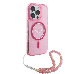 Guess для iPhone 16 Pro Max чехол PC/TPU Glitter (MagSafe) +шнурок из бисера, розовый