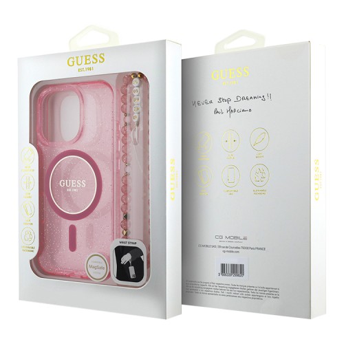 Guess для iPhone 16 Pro Max чехол PC/TPU Glitter (MagSafe) +шнурок из бисера, розовый