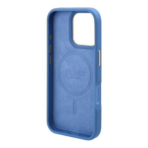 Guess для iPhone 16 Pro чехол PU-кожа 4G Plate metal logo Blue (MagSafe)