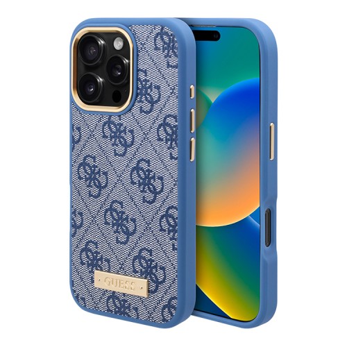 Guess для iPhone 16 Pro чехол PU-кожа 4G Plate metal logo Blue (MagSafe)