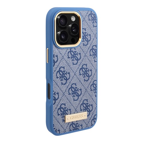 Guess для iPhone 16 Pro чехол PU-кожа 4G Plate metal logo Blue (MagSafe)