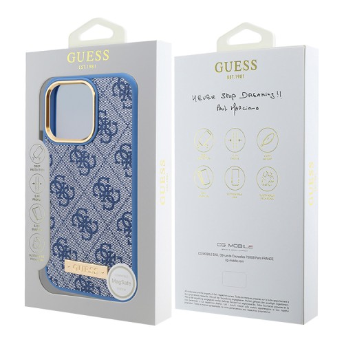 Guess для iPhone 16 Pro чехол PU-кожа 4G Plate metal logo Blue (MagSafe)