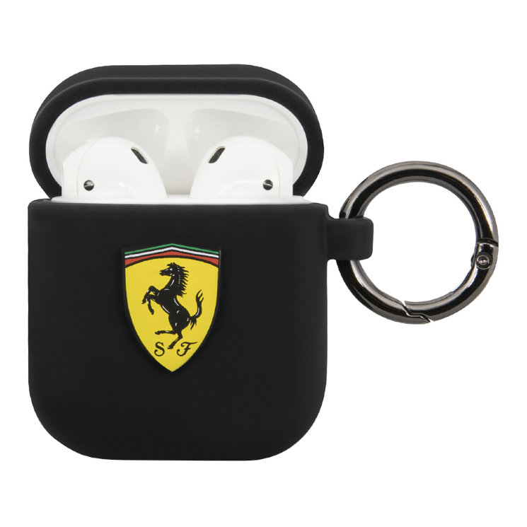 Чехол Ferrari Silicone с кольцом для Airpods 1/2, черный