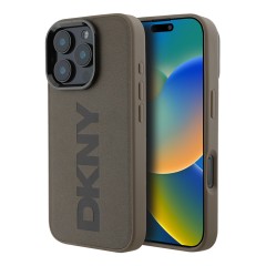 DKNY для iPhone 16 Pro Max чехол PU Plain leather Logo imprint Hard Brown (MagSafe)