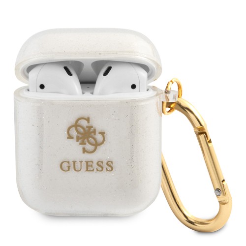 Чехол Guess Transparent Glitter 4G с карабином для Airpods 1/2, прозрачный