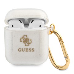 Чехол Guess Transparent Glitter 4G с карабином для Airpods 1/2, прозрачный