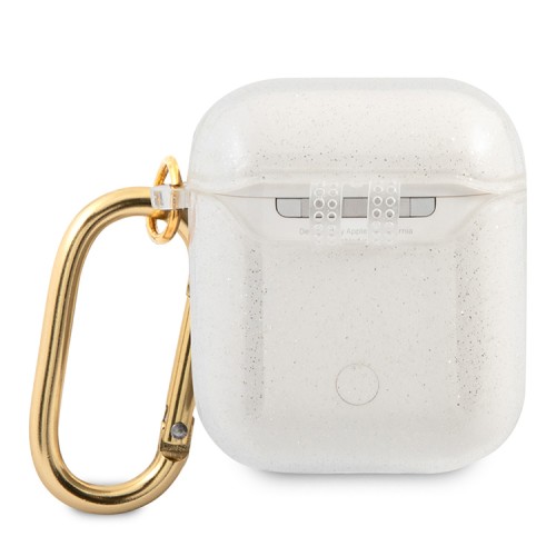 Чехол Guess Transparent Glitter 4G с карабином для Airpods 1/2, прозрачный