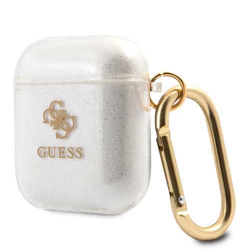 Чехол Guess Transparent Glitter 4G с карабином для Airpods 1/2, прозрачный