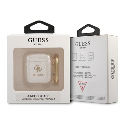 Чехол Guess Transparent Glitter 4G с карабином для Airpods 1/2, прозрачный