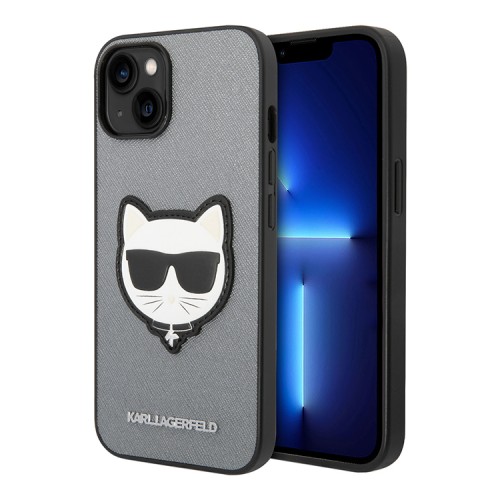 Чехол Lagerfeld PU Saffiano Choupette head Patch Hard для iPhone 14, серебристый