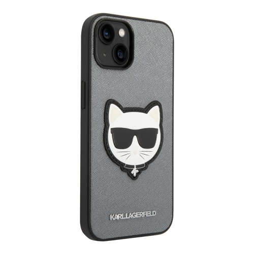 Чехол Lagerfeld PU Saffiano Choupette head Patch Hard для iPhone 14, серебристый