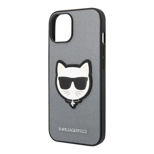 Чехол Lagerfeld PU Saffiano Choupette head Patch Hard для iPhone 14, серебристый