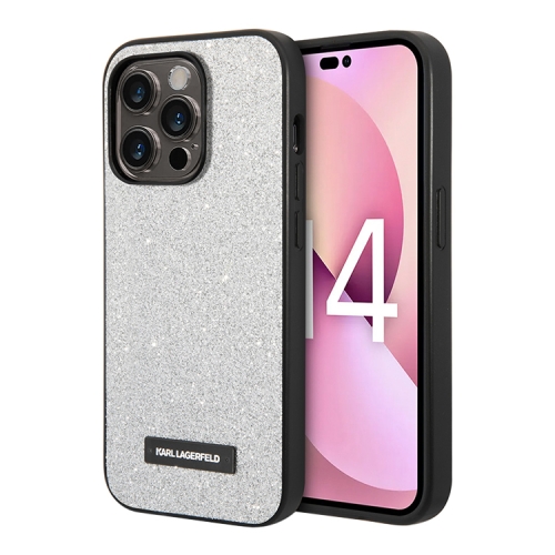 Чехол Lagerfeld Solid glitter Plaque logo Hard для iPhone 14 Pro, серебристый