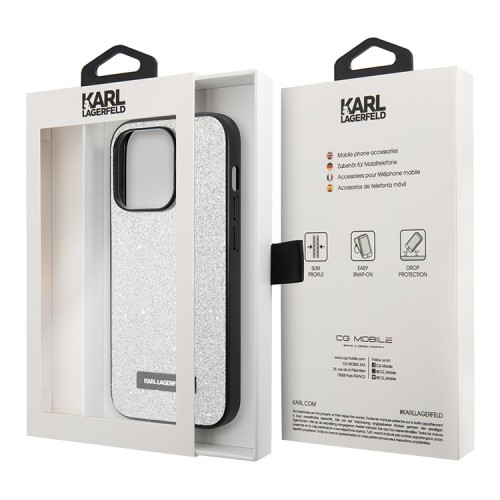 Чехол Lagerfeld Solid glitter Plaque logo Hard для iPhone 14 Pro, серебристый
