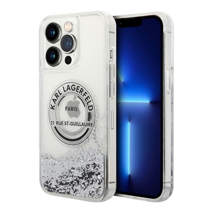 Чехол Lagerfeld Liquid glitter RSG logo Hard для iPhone 14 Pro Max, серебристый