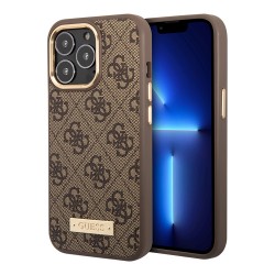Чехол Guess PU 4G Plate metal logo Hard для iPhone 14 Pro Max, коричневый (Magsafe)