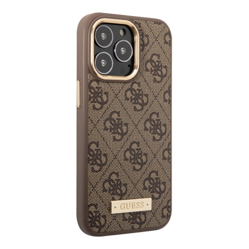 Чехол Guess PU 4G Plate metal logo Hard для iPhone 14 Pro Max, коричневый (Magsafe)