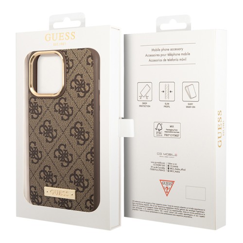 Чехол Guess PU 4G Plate metal logo Hard для iPhone 14 Pro Max, коричневый (Magsafe)