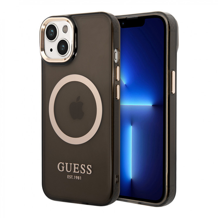 Чехол Guess Metal outline Hard Translucent для iPhone 14, черный/золотой (MagSafe) Уценка
