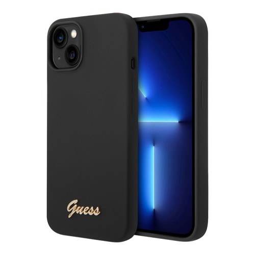 Чехол Guess Liquid Silicone Gold Metal logo для iPhone 14, черный