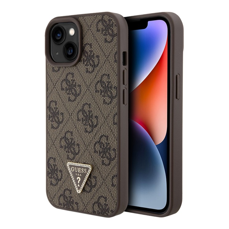 Guess для iPhone 15 чехол PU 4G Triangle Diamond metal logo Hard Brown