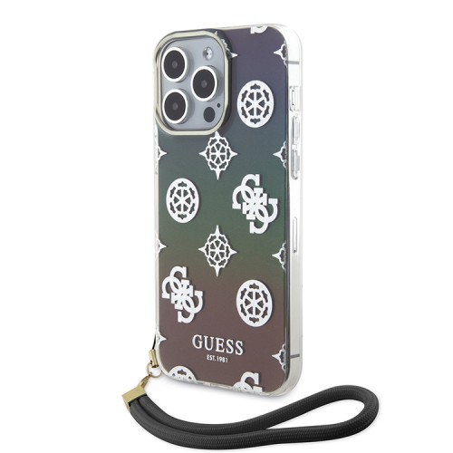 Guess для iPhone 15 Pro чехол PC/TPU Peony glitter +Nylon Hand cord Hard Iridescent Black