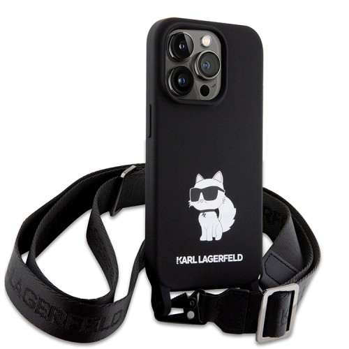Lagerfeld для iPhone 15 Pro Max чехол Crossbody Liquid silicone NFT Choupette +Strap Hard Black