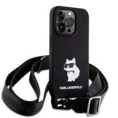 Lagerfeld для iPhone 15 Pro Max чехол Crossbody Liquid silicone NFT Choupette +Strap Hard Black